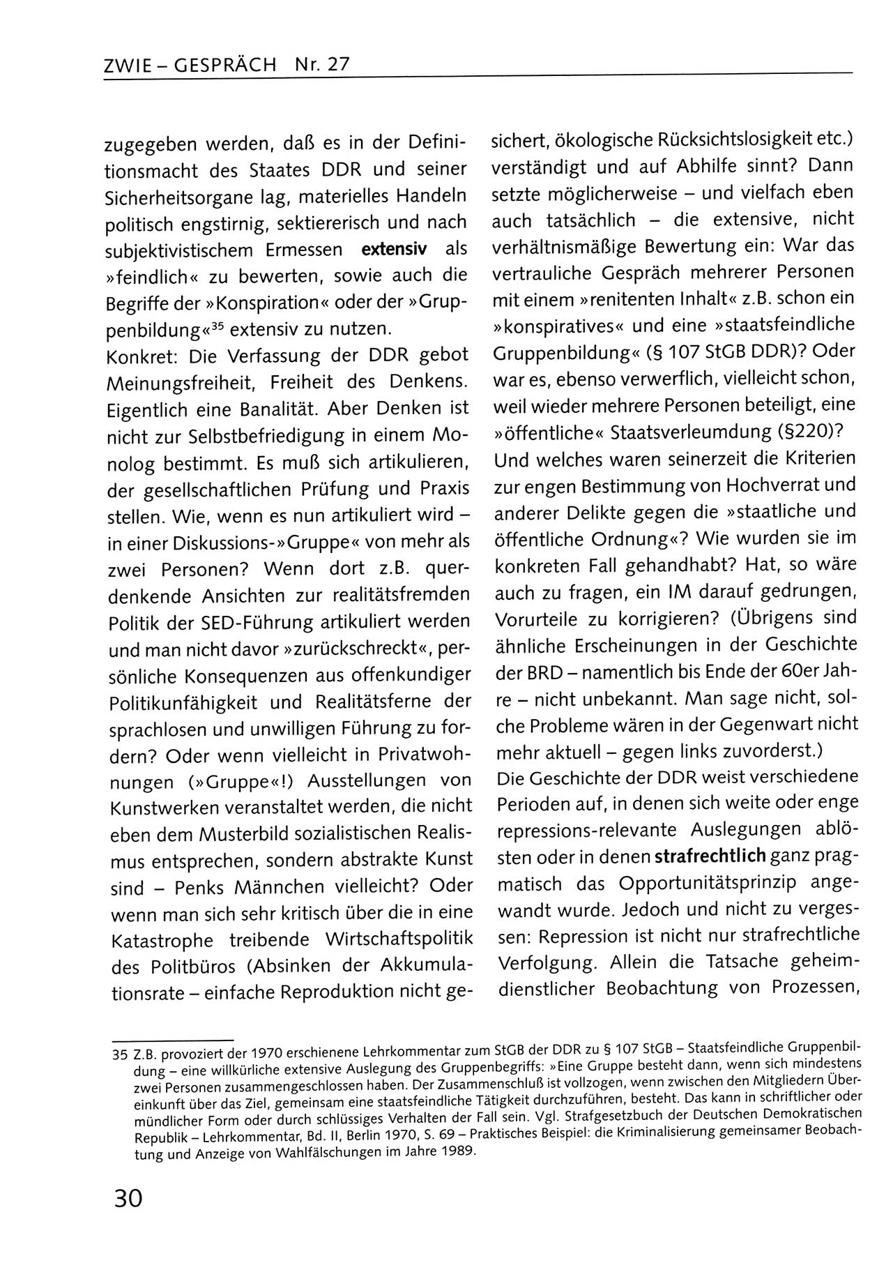 Zwie-Gespräch, Beiträge zum Umgang mit der Staatssicherheits-Vergangenheit [Deutsche Demokratische Republik (DDR)], Ausgabe Nr. 27, Berlin 1995, Seite 30 (Zwie-Gespr. Ausg. 27 1995, S. 30)