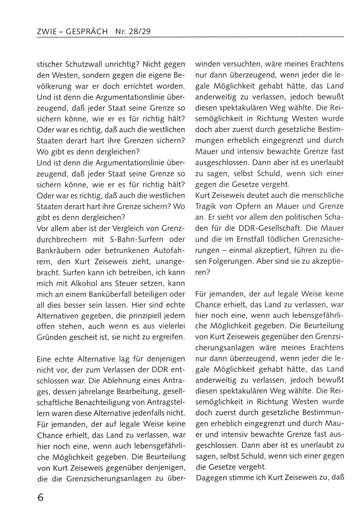 Zwie-Gespräch, Beiträge zum Umgang mit der Staatssicherheits-Vergangenheit [Deutsche Demokratische Republik (DDR)], Ausgabe Nr. 28/29, Berlin 1995, Seite 6 (Zwie-Gespr. Ausg. 28/29 1995, S. 6)