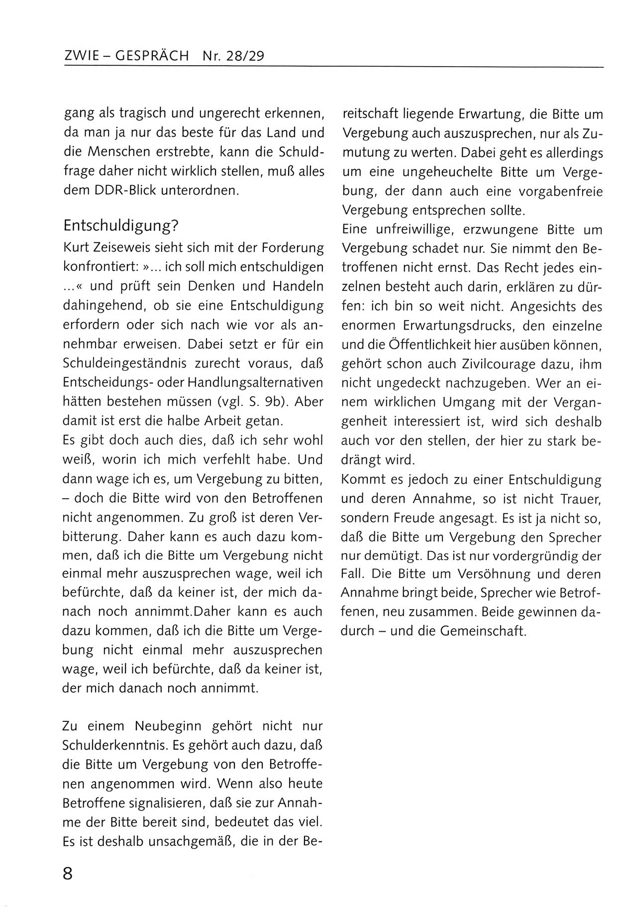 Zwie-Gespräch, Beiträge zum Umgang mit der Staatssicherheits-Vergangenheit [Deutsche Demokratische Republik (DDR)], Ausgabe Nr. 28/29, Berlin 1995, Seite 8 (Zwie-Gespr. Ausg. 28/29 1995, S. 8)