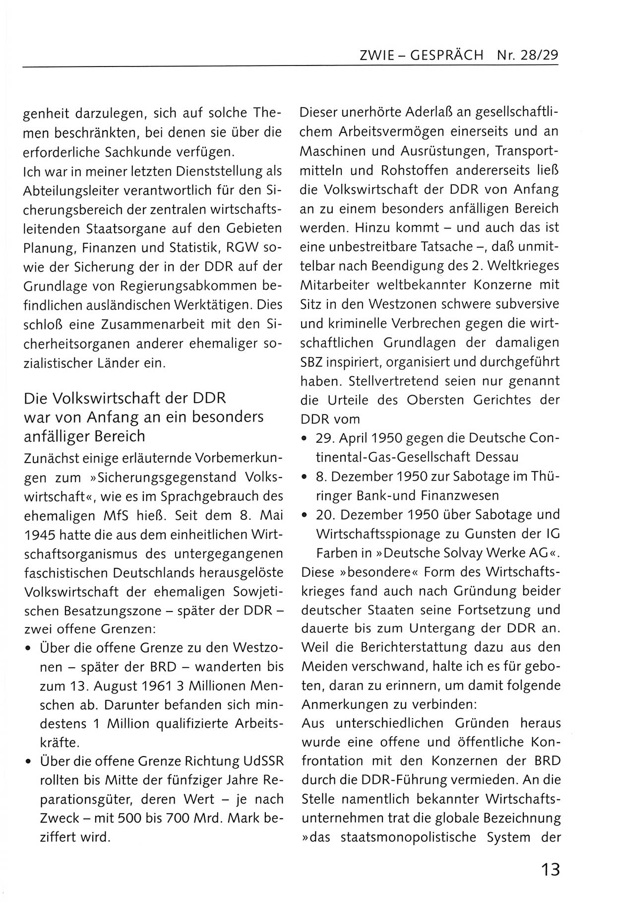 Zwie-Gespräch, Beiträge zum Umgang mit der Staatssicherheits-Vergangenheit [Deutsche Demokratische Republik (DDR)], Ausgabe Nr. 28/29, Berlin 1995, Seite 13 (Zwie-Gespr. Ausg. 28/29 1995, S. 13)