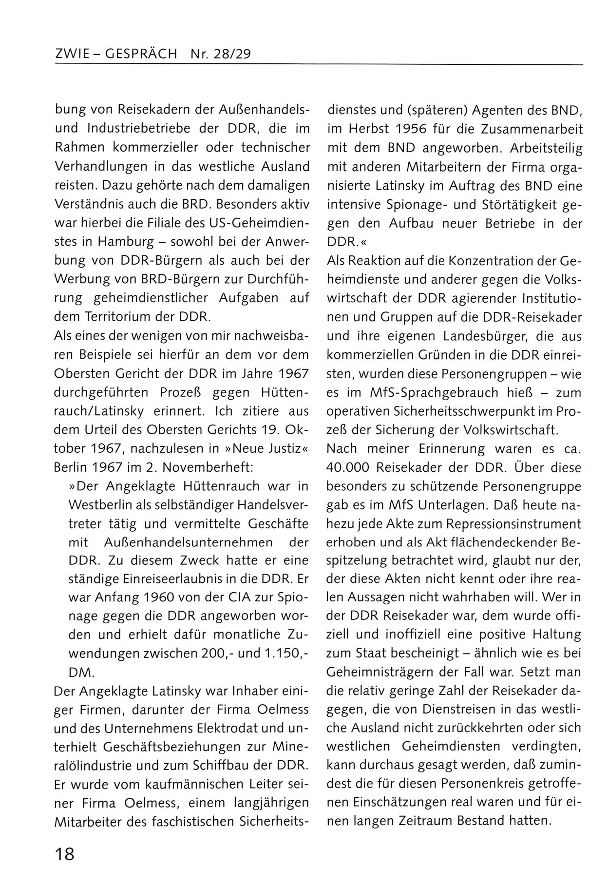 Zwie-Gespräch, Beiträge zum Umgang mit der Staatssicherheits-Vergangenheit [Deutsche Demokratische Republik (DDR)], Ausgabe Nr. 28/29, Berlin 1995, Seite 18 (Zwie-Gespr. Ausg. 28/29 1995, S. 18)
