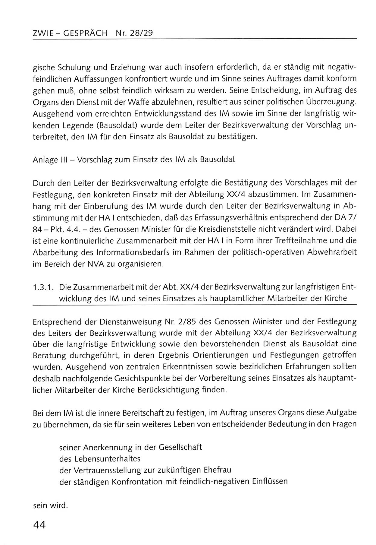 Zwie-Gespräch, Beiträge zum Umgang mit der Staatssicherheits-Vergangenheit [Deutsche Demokratische Republik (DDR)], Ausgabe Nr. 28/29, Berlin 1995, Seite 44 (Zwie-Gespr. Ausg. 28/29 1995, S. 44)