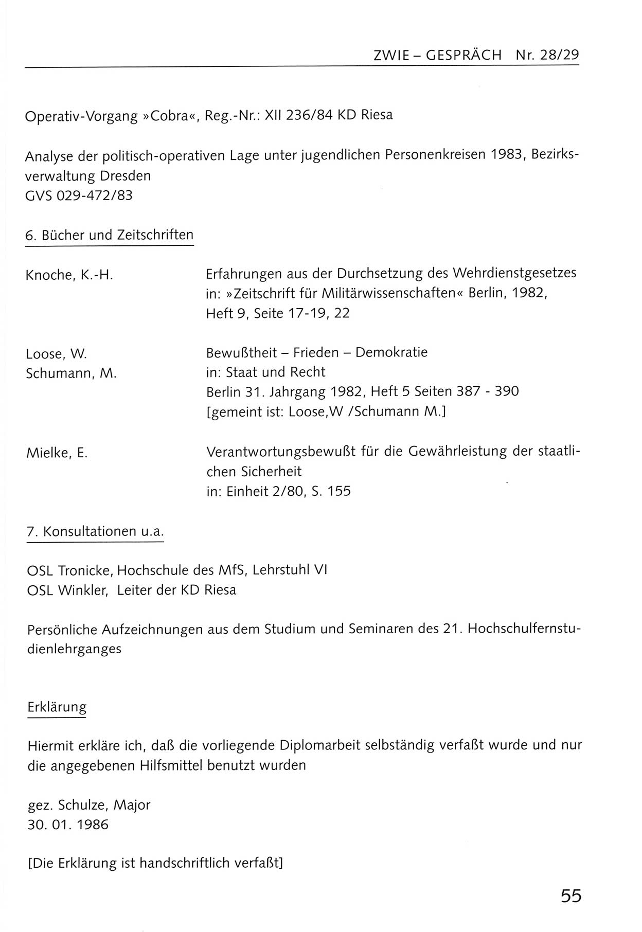 Zwie-Gespräch, Beiträge zum Umgang mit der Staatssicherheits-Vergangenheit [Deutsche Demokratische Republik (DDR)], Ausgabe Nr. 28/29, Berlin 1995, Seite 55 (Zwie-Gespr. Ausg. 28/29 1995, S. 55)