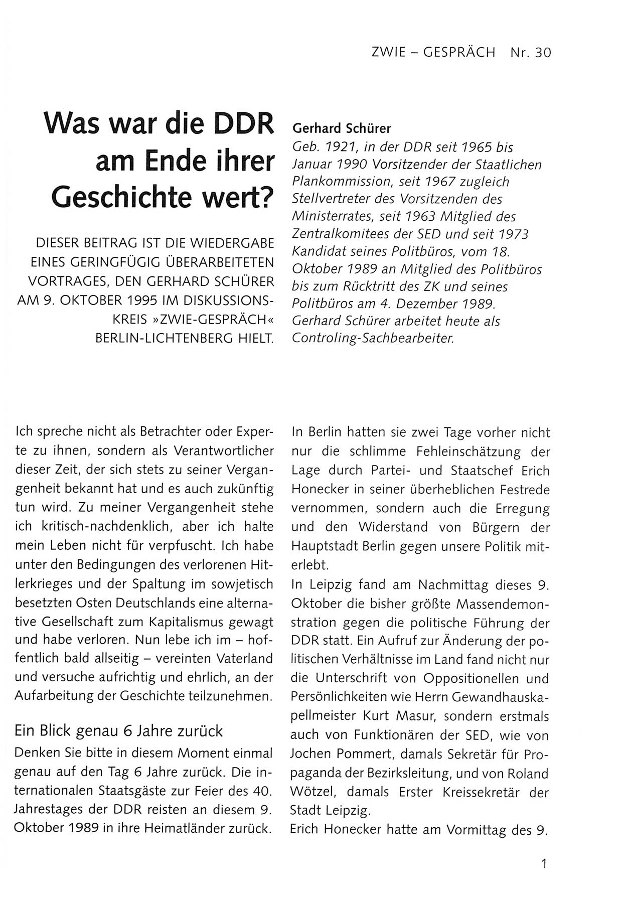 Zwie-Gespräch, Beiträge zum Umgang mit der Staatssicherheits-Vergangenheit [Deutsche Demokratische Republik (DDR)], Ausgabe Nr. 30, Berlin 1995, Seite 1 (Zwie-Gespr. Ausg. 30 1995, S. 1)