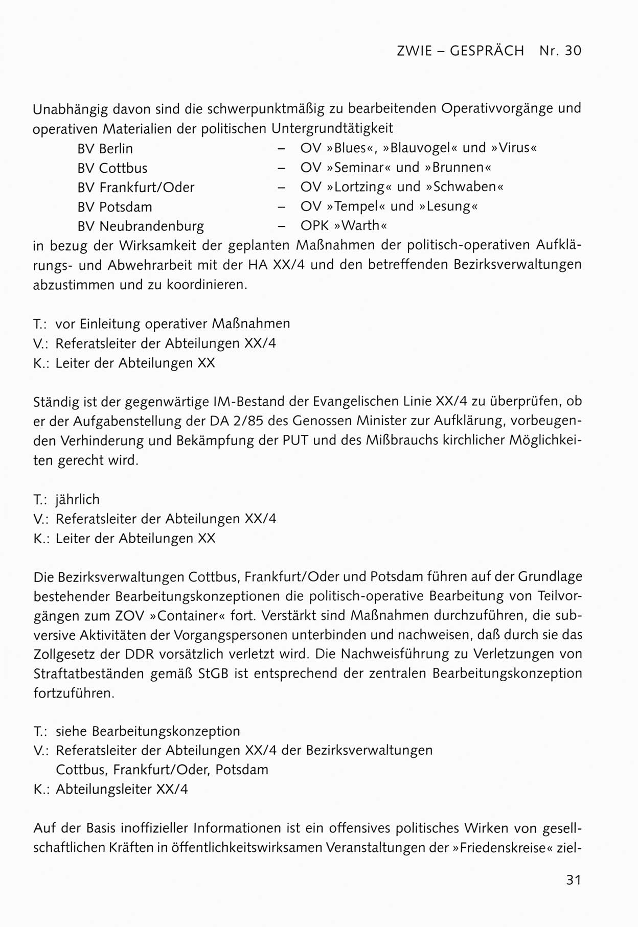 Zwie-Gespräch, Beiträge zum Umgang mit der Staatssicherheits-Vergangenheit [Deutsche Demokratische Republik (DDR)], Ausgabe Nr. 30, Berlin 1995, Seite 31 (Zwie-Gespr. Ausg. 30 1995, S. 31)