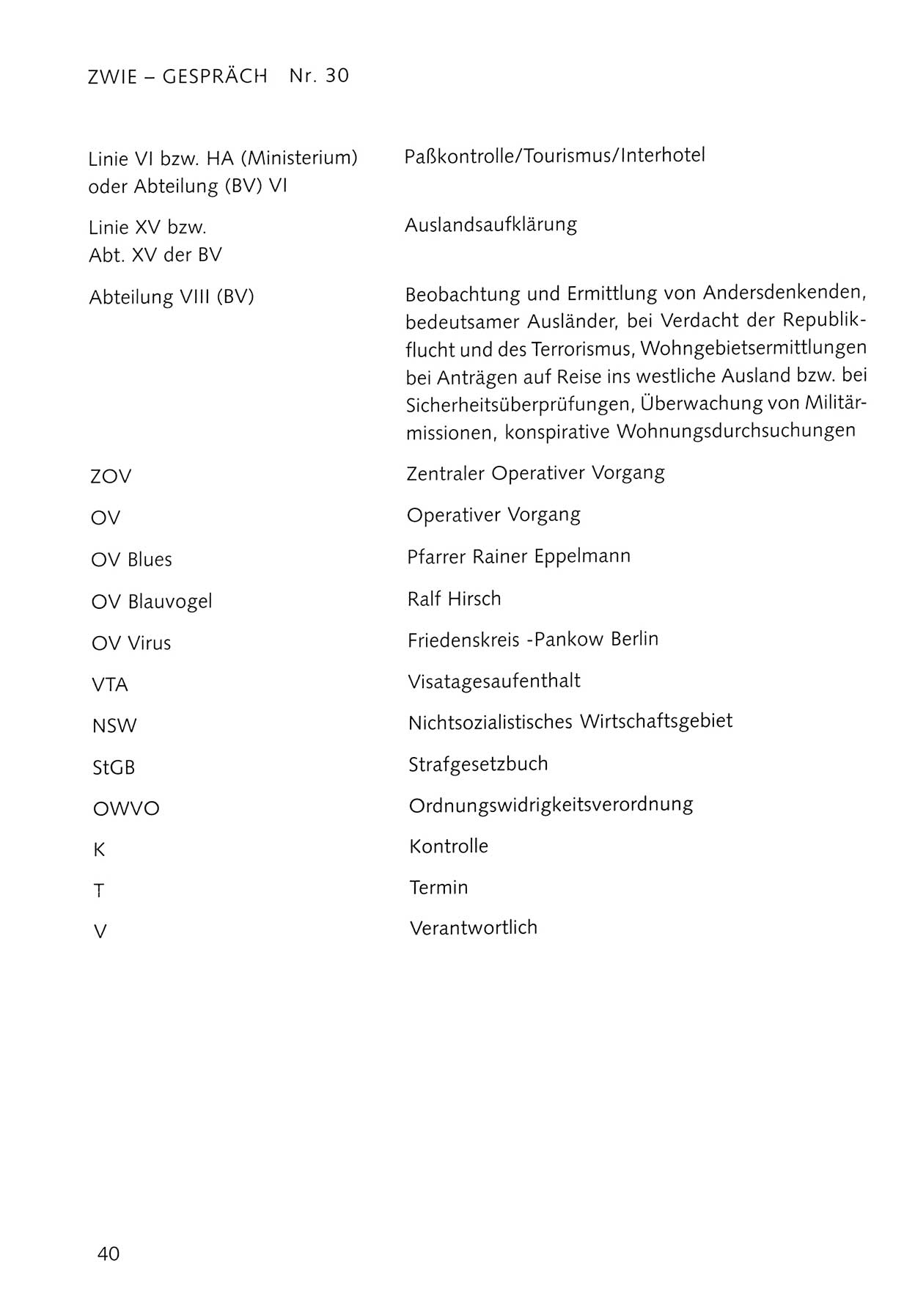 Zwie-Gespräch, Beiträge zum Umgang mit der Staatssicherheits-Vergangenheit [Deutsche Demokratische Republik (DDR)], Ausgabe Nr. 30, Berlin 1995, Seite 40 (Zwie-Gespr. Ausg. 30 1995, S. 40)