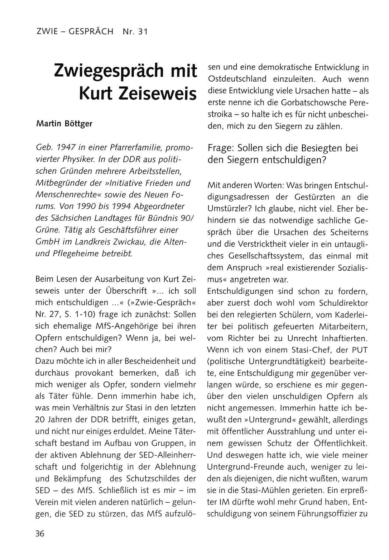 Zwie-Gespräch, Beiträge zum Umgang mit der Staatssicherheits-Vergangenheit [Deutsche Demokratische Republik (DDR)], Ausgabe Nr. 31, Berlin 1995, Seite 36 (Zwie-Gespr. Ausg. 31 1995, S. 36)